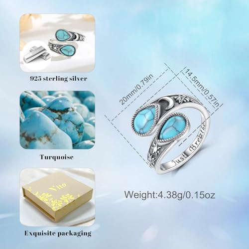 Vito 925 Sterling Silver Adjustable Open Spoon Ring for Women Men, Lotus Sunflower Snake Spoon Band Rings Feather Hug Witches Knot Inspirational Jewelry Gift for Wife - style: Lotus Turquoise