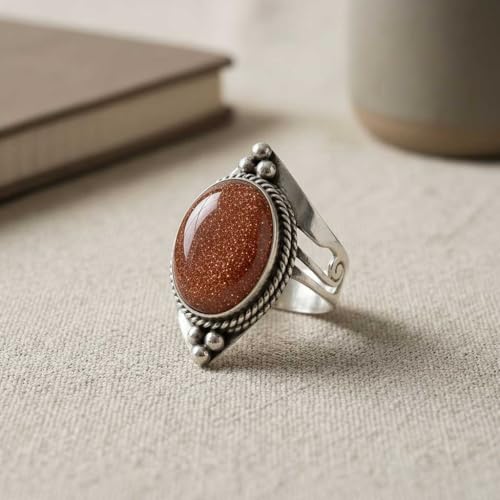Handmade 925 Sterling Silver Plated Ring Natural Gemstone Carnelian, Rose Quartz, Tiger Eye, Crystal Oval Boho Jewelry For Women - color: Gold Stone