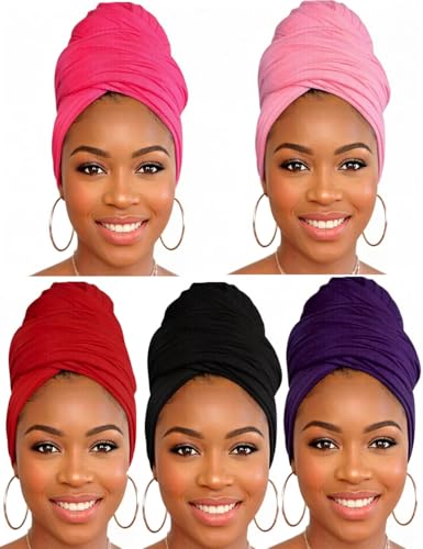 Head Wraps for Black Women, Breathable Headwrap Soft Long Hair Wraps Wide Headscarves for Locs Braids - color: 5pcs-(black,purple,wine Red,rose Red,light Pink)