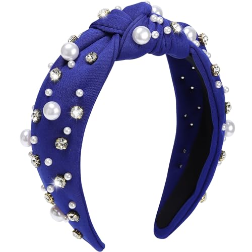 WantGor Pearl Knotted Headband, Women Rhinestone Embellished Hairband Elegant Wide Top Knot Bride Headbands Headpieces Party Fashion Elegant Ladies Hair Band Hair Hoop Accessories (Blue) - color: Blue