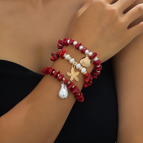 Boho Summer Bracelets for Women, Layered Beach Bracelets Set with Starfish Shell Pearl Charms, Colorful Beaded Bohemian Stackable Jewelry, Elastic Vacation Accessories Summer Outfit Jewelry - color: A3：Red Bracelet