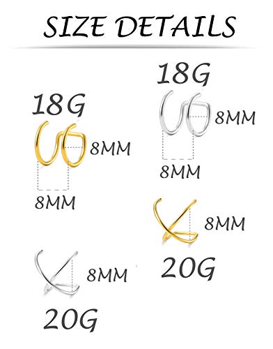 Tornito 4-10 Pairs Stainless Steel Ear Cuff Helix Cartilage Clip On Wrap Earrings Fake Nose Ring Non-Piercing Adjustable - color: B2:4 Pairs, Silver&Gold Tone