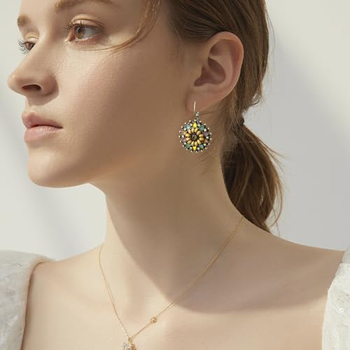 Bohemian Vintage Sliver Geometry Enamel Flower Lightweight Dangle Hoop Earrings Ethnic Handmade Circle Disc Teardrop Earrings For Women - color: Yellow