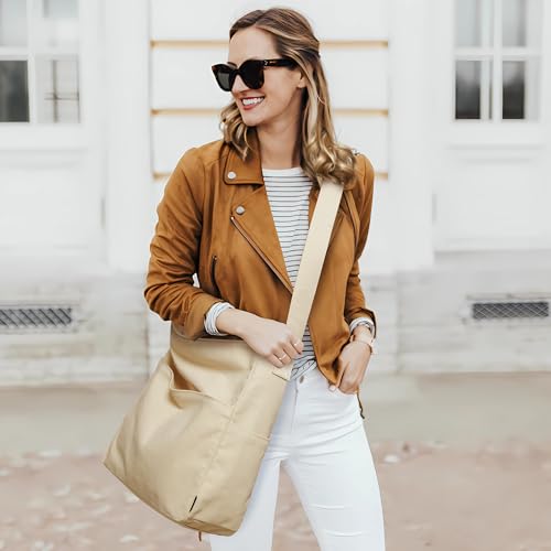 KALIDI Canvas Tote Bag Large Hobo Crossbody Shoulder Handbag Zipper Messenger Bag for Women or Men Casual College Work - color: Beige