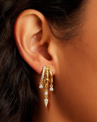 Triple Huggie Stacked Earrings for Women Gold Chain Drop Dangle Earrings Cute Statement CZ Earrings Trendy Dainty Jewelry Gift - color: Gold 5