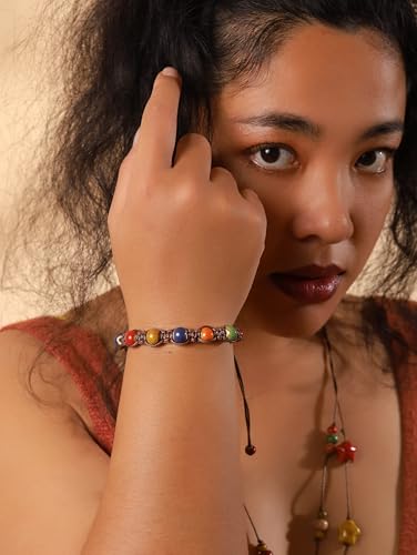 MINACHI Bohemian Colorful Ceramic Bead Adjustable Leather Bracelet, Boho Hippie Summer Jewelry Gift for Women - color: S01B