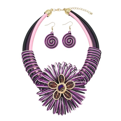 Statement African Necklace For Women African Jewelry Costume Earring Sets Tribal Fashion Colorful Big Rhinestone Crystal Pendent Collar Choker Bold Chunky Bib Handmade - color: Flower Purple