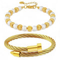 2PCS 18K Gold Plated Nail Bangle & Chain Bracelet Set for Women, Adjustable Stackable Bangle Jewelry, Dainty Gold Bracelet Gift for Women - color: Set C-peal