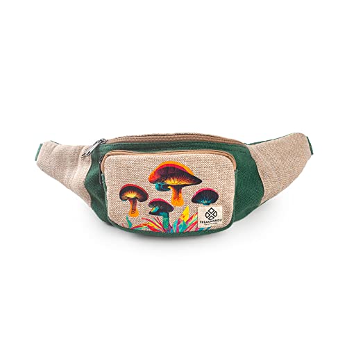 Freakmandu Eco-Friendly Boho Hippie Style Mushroom Hemp Fanny Pack Hip Waist Bag for Hiking Running Jogging Cross Body
