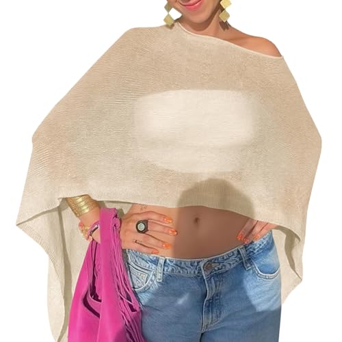 Fisoew Women Sheer Poncho Top Lightweight Knit Crochet Summer Shrug Bolero Off Shoulder Going Out Beach Cover up - color: Apricot, size: Medium