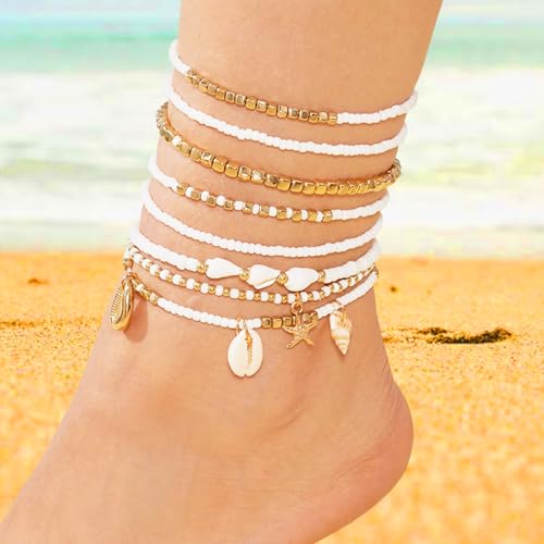 Waeceip Beach Ankle Bracelets For Women Summer Boho Anklets For Women Seashell Beaded Anklets Summer Jewelry Beach Vacation Accessories - color: beach bead with 8