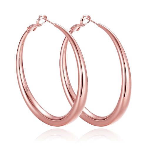 EXGOX Sterling Silver Hoop Earrings - Hypoallergenic, Lightweight, Chunky, 14K Real Gold Plated, Big Large Hoops for Women - color: Chunky&Rose Gold hoop 50mm