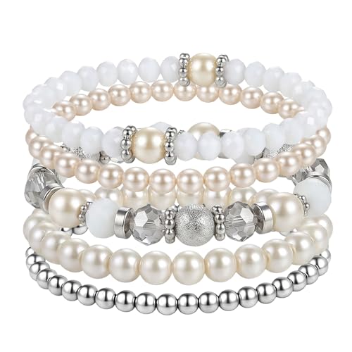 5PCS Beaded Stretch Bracelet Stackable Stylish Beaded Bracelets for Women Crystal Bead Boho Stretch Layering Stone Bracelets Trendy Costume Jewelry Gift Multilayered Disco Ball Faceted Bracelet - color: White, Silver