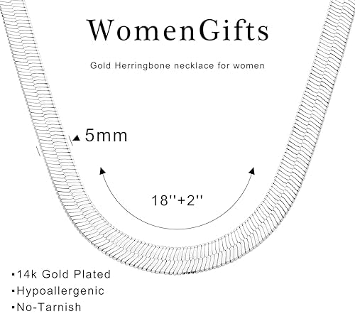 WomenGifts 14K Gold Silver Plated Herringbone Necklace for Women, Dainty Snake Chain Choker, Trendy Simple Long Layered Jewelry Non Tarnish, 3/4/5/8mm,14,16,18,20,22,24,26 Inch Thin & Chunky Options - color: Silver, style: 5mm-18inch