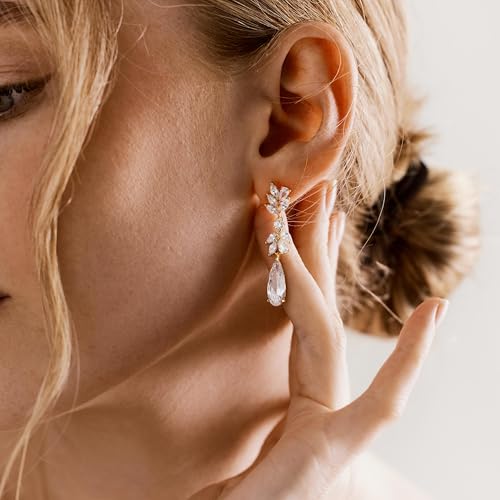 Pearl Earrings for Women, 14k Gold Plated Trendy Diamond Pearl Drop Earrings Hypoallergenic Dainty Bridal Gifts Wedding jewelry for Women - color: Wheat-Silver