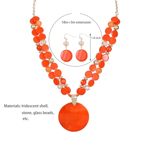Layered Beads Statement Fashion Necklace Chunky Jewelry Set Big Colorful Glass Stone Circle Shell Pendant Choker Necklace and Earring Set for Women - color: Orange