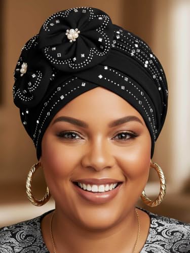Woeoe Beanie Cap Head Wrap Black Rhinestones Head Scarf Flower Pearls Twisted Head Turban for Women Girls - color: Black