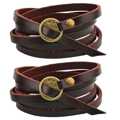 2PCS Genuine Leather Cuff Bracelets Adjustable Cowhide Leather Boho Layered Arm Armor Cuff Vintage Western Dark Brown Stackable Straps Wristbands Wrist Wrap with Toggle Clasp for Men Women - color: dark brown