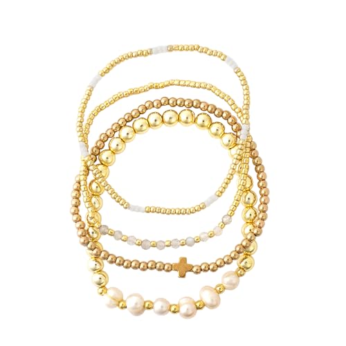 4pcs Gold Beaded Pearl Bracelets Set for Women Multi Layer Versatile Stackable Stretch Cuff Sparkly Stone Crystal Gemstone Jewelry Birthday Gifts - color: Onyx