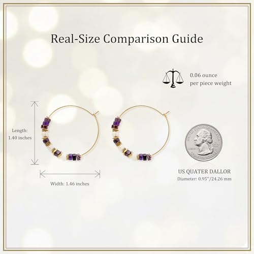 Natural Stone Beaded Hoop Earrings for Women, Boho Handmade Lightweight Hypoallergenic Trendy Summer Beach Accessories Fashion Jewelry Gift - color: Purple