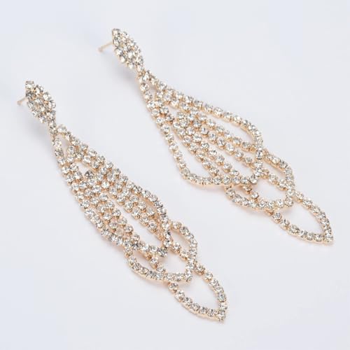 Sparkly Silver Crystal Dangly Earrings for Women Trendy, Statement Cubic Zirconia Drop Dangle Earring Long Rhinestone Tassel Party Prom Ear Jewelry Gift - color: Gold