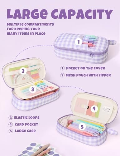 SUNEE Cute Pencil Case, Large Colored Pencil Pouch, Aesthetic Pen Bag with Zipper, Kawaii Stationery Storage and Organizer, School Supplies for Teen and Adult, Boys & Girls, Purple Checkered - color: Purple Checkered
