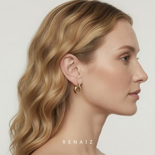 RENAIZ Bold Statement Hoop & Stud Earrings for Women – 14K Gold & Rhodium Plated Maximalist Jewelry, Chunky Geometric Boho Earrings, Hypoallergenic Non-Tarnish Trendy Gift - color: Yellow Gold, style: Twisted Overlap