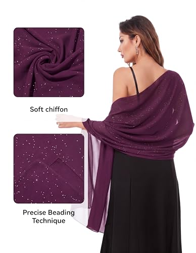 Shawls and Wraps for Evening Dresses Sheer Chiffon Women Elegant Soft Silky Sparkly Wedding Bridal Scarf - color: Plum B