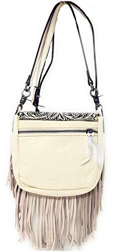 Western Genuine Leather Floral Tooled Fringe Womens Crossbody Bag 3 Color - color: Beige/White
