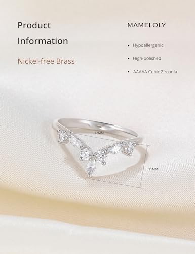 Mameloly Wedding Bands for Women Curved Marquise & Round 14K Gold Plated Dainty Stackable Cubic Zirconia CZ V Shaped Engagement Rings for Her Size 3-12 - color: Silver