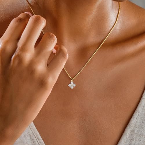 Dainty Gold Necklaces for Women Trendy Non Tarnish 14K Gold Plated Cubic Zirconia Necklace Layered Simple Cute Four Leaf Clover Choker Jewelry Birthday Gifts - color: Gold, style: Box CZ