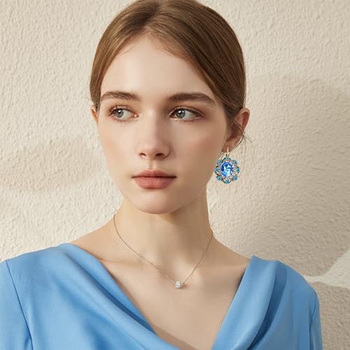 Handmade Bohemian Vintage Gold Sparkly Crystal Round Flower Leverback Earrings Cute Rhinestone Geometry Dangle Drop Earring for Women - color: Sky Blue