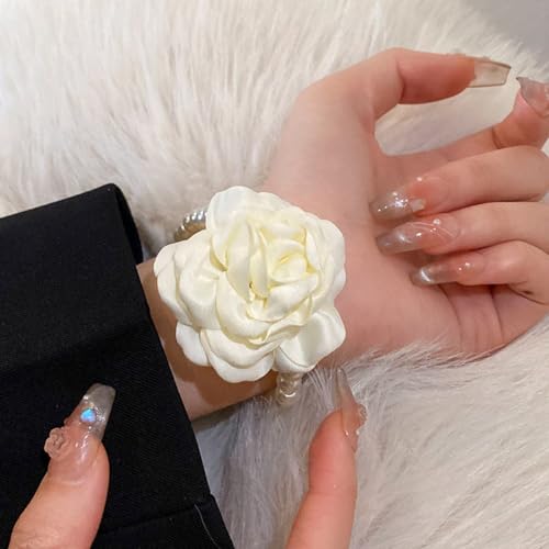 Vintage Imitation Pearl Bracelet with Rose Flower Charm Dainty Pearl Wrist Band Boho Rose Hand Accessories for Women Bridal Wedding Prom Festival - color: Ivory