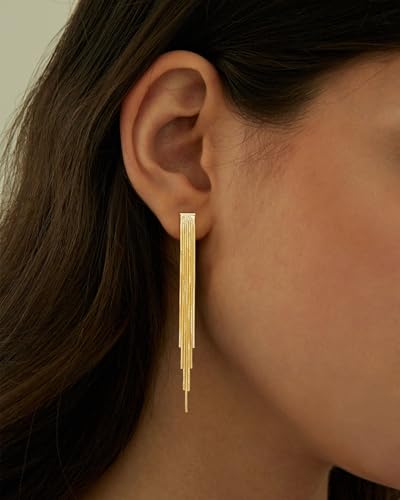 Gold Earrings for Women Trendy, Simple Dainty 14K Gold Plated Paperclip Square Chain Link Dangle Hoops Earrings Pin Stud Huggie Earrings Lightweight Hypoallergenic Minimalist Aesthetic Gold Jewelry for Christmas Gifts - color: tassel earrings-E