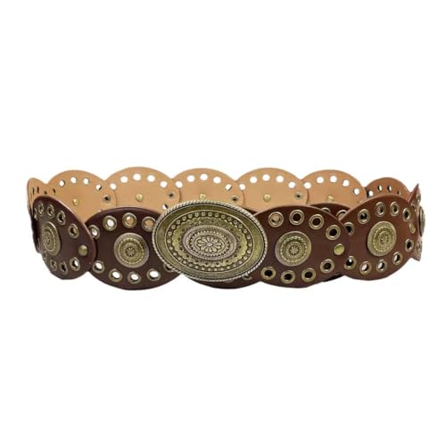 Wide Western Cowboy Disc Belt for Woman Concho PU Leather Belts for Ladies Boho Country Waist Belts for Dress Jeans - color: Brown