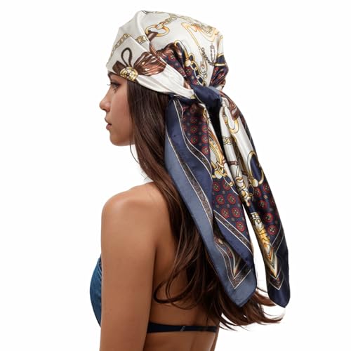RIIQIICHY Head Scarf for Women Like Silk Scarf Hair Scarf Printed Square Scarf Bandanas for Women 35 Inches - color: Navy/Gold