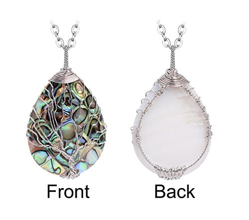 sedmart Tear Drop Abalone Shell Pendent Necklace Wire Wrap Abalone Shell Tree of Life Pendant Necklace Fashion Necklace Jewelry for Women handmade necklace mothers day necklace for mom jewelry - color: A1 Silver Abalone
