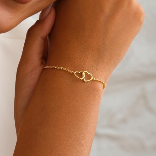 SLOONG Gold Pearl Bracelets for Women Trendy, 14K Gold Plated Dainty Stackable Layered Chain Bridesmaid Bracelets, Waterproof Wedding Jewelry for Women Adjustable 6"+2" - color: Style9(Heart)