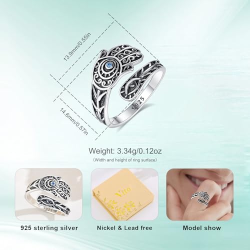 Vito 925 Sterling Silver Adjustable Open Spoon Ring for Women Men, Lotus Sunflower Snake Spoon Band Rings Feather Hug Witches Knot Inspirational Jewelry Gift for Wife - style: Evil Eye