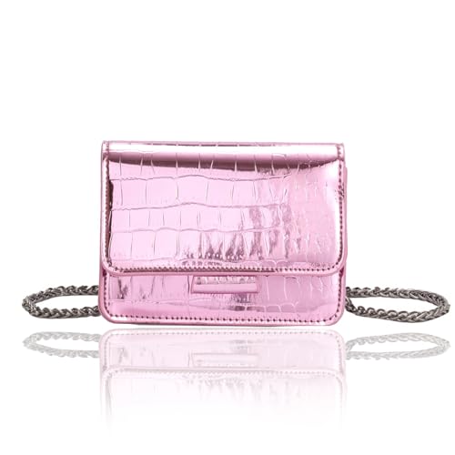 Small Crossbody Purse Bag for Women，Y2K Cute Metallic Croc-Embossed Handbag with Chain Strap - color: Mini Pink