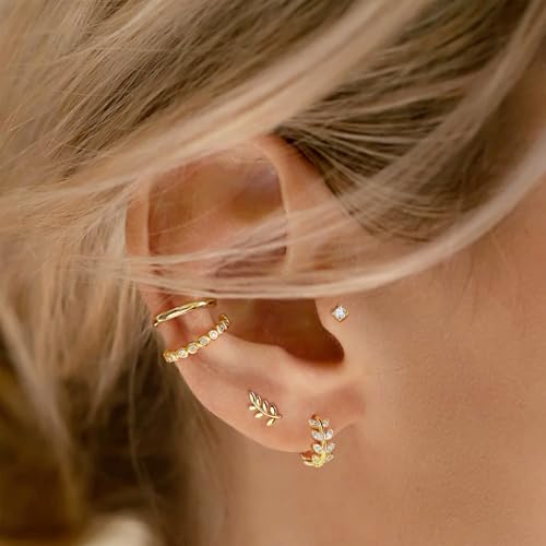 14K Gold Huggie Earrings for Women Silver Huggie Hoop Earrings Cubic Zirconia Huggie Earrings Stud Earrings Lightweight Dainty Hypoallergenic Earrings Jewelry Gifts - color: Gold Olive Leaf CZ Huggie Earrings