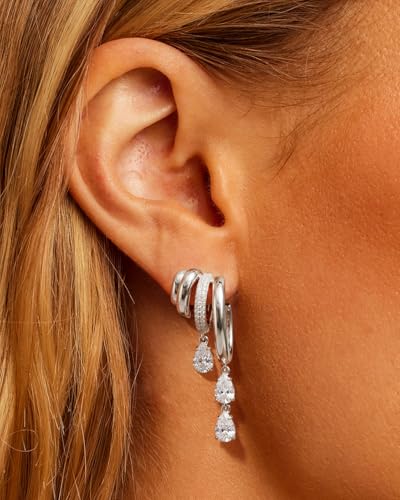 Triple Huggie Stacked Earrings for Women Gold Chain Drop Dangle Earrings Cute Statement CZ Earrings Trendy Dainty Jewelry Gift - color: Silver 1