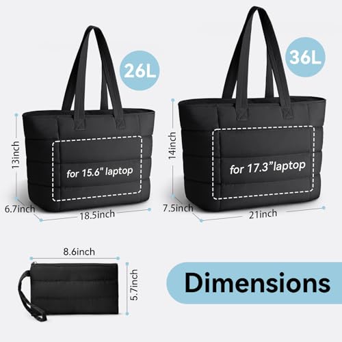 Puffer Tote Bag with Pouch, Women's Lightweight Quilted Shoulder Bag, 15.6"/17.3 Laptop Travel Weekender for Work & Nurses - color: Black, size: Large
