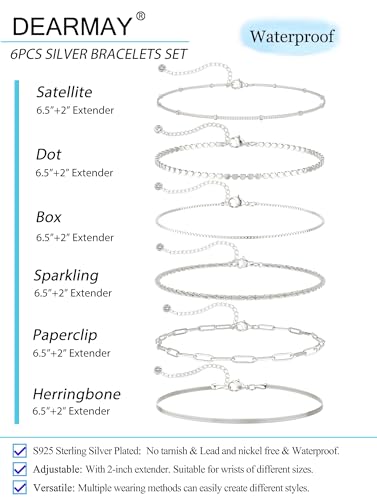 DEARMAY Sterling Silver Plated Bracelets Set for Women Waterproof, Non Tarnish Sterling Silver Link Chain Bracelets Pack Dainty, Fashion Jewelry Gifts for Everyday Comfortable - color: 6Pcs Silver Bracelets C