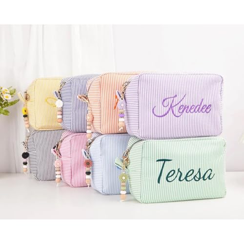 Personalized Makeup Bag Pouch with Embroidered Name for Women Girls Bride | Cute Small Seersucker Custom Monogrammed Initial Cosmetic Toiletry Bag with Zip for Travel Bridesmaid