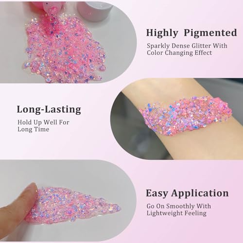 MEICOLY Chameleon Baby Pink Body Glitter,Pink Turn to Purple Face Glitter Paint,Holographic Color Changing Mermaid Face Glitter Gel for Hair,Self-Adhesive Chunky Glitter for Halloween Festival Party - color: chameleon baby pink body glitter