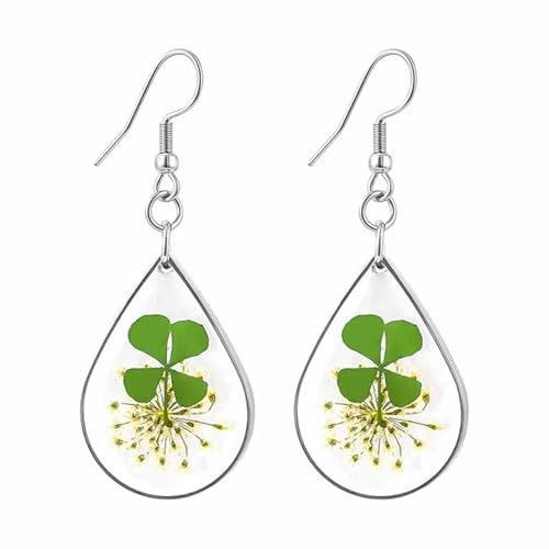 Silver/Gold Boho Dangle Statement Earrings for Women Trendy,Handmade Vintage Dainty Cute Long Drop Summer Earrings,fashion Accessories Jewelry Gifts - color: A28 Four Leaf Clover Dry Flower
