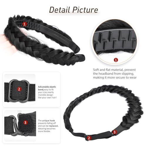 2PCs Braided Headband with teeth Handmade Messy Wide Synthetic Hair Elastic Stretch Fluffy Hairpiece for Brides (Natural Black) - color: Natural Black