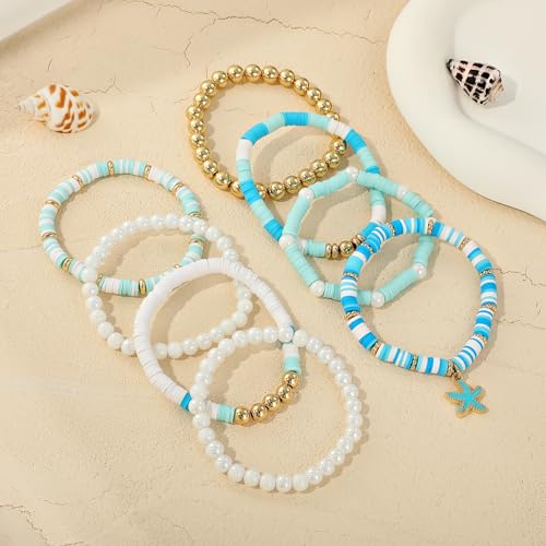 GOOJIDS Surfer Heishi Clay Bead Bracelets for Women Bohemian Stackable Gold Plated Beaded Stretch Bracelets Elastic Layering Friendship Bracelets Set Boho Jewelry - color: B-Blue Starfish Set