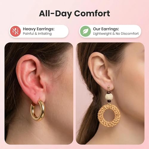 Woven Raffia Rattan Earrings for Women, Boho Flower Hoop & Drop Dangle Earrings Collection, Handmade Summer Beach Vacation Statement Earrings for Party Daily Wear - color: Rattan Bead Interlocking Hoop